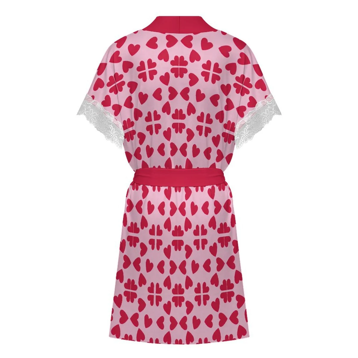 Women's Lace Trim Short Sleeve Belted Robe - Pink Heart Print - view 5