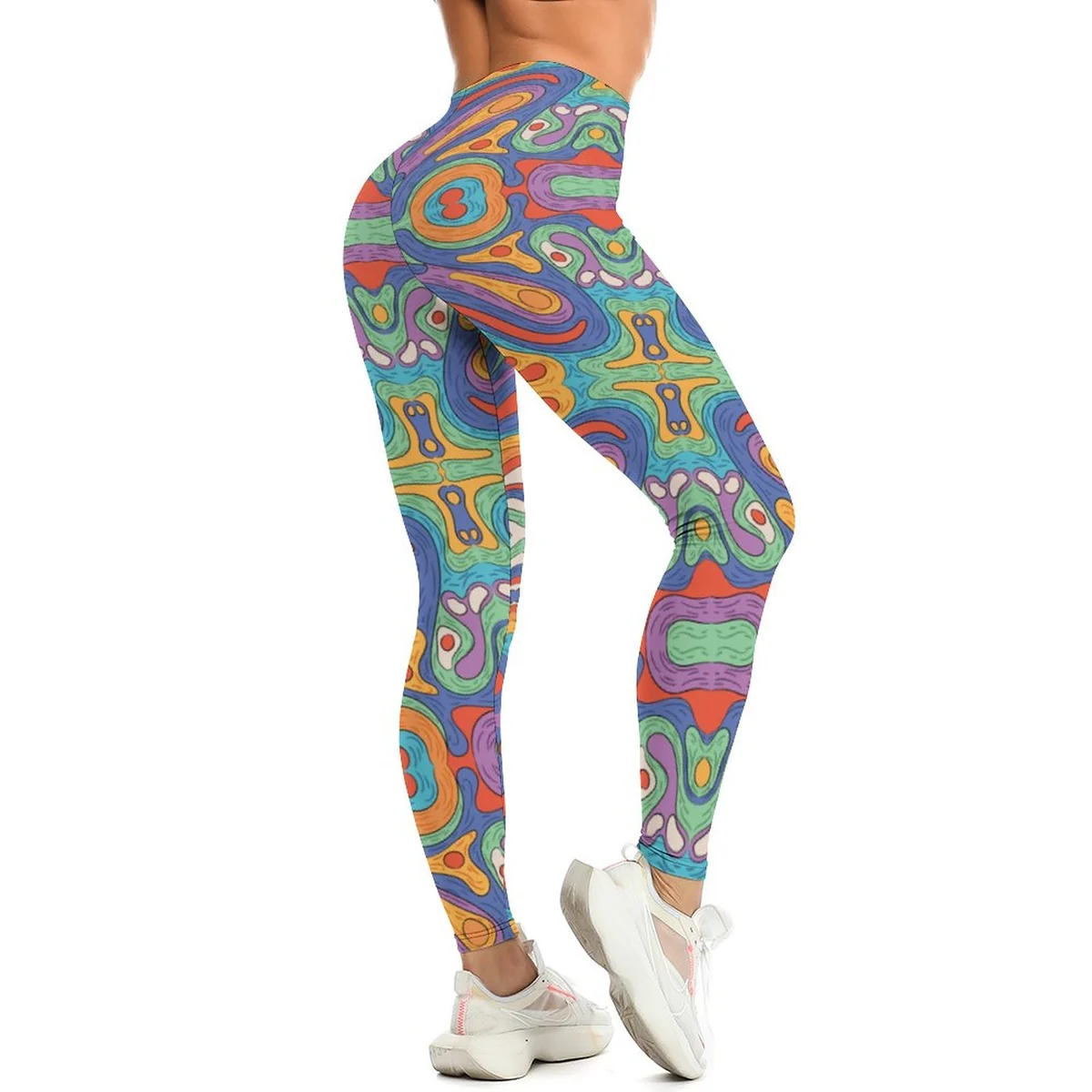 Women's High-Waist Yoga Leggings - Psychedelic Contour Lines Print - view 7