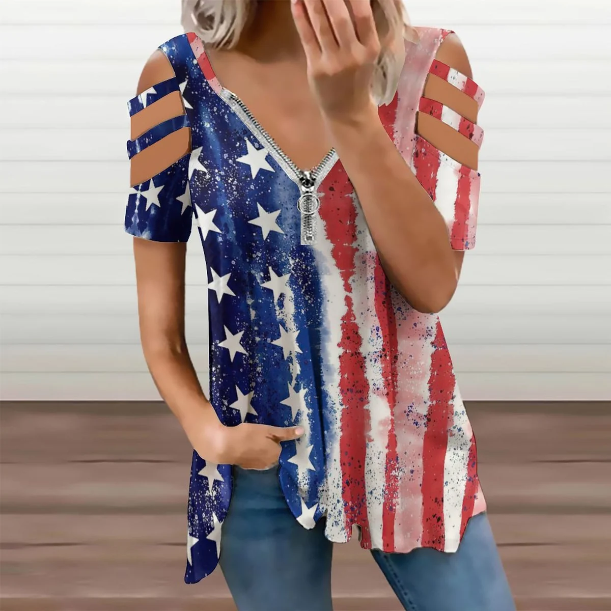 Women's Zip Front Cutout Sleeve Tunic Top - Painted Stars and Stripes Graphic - view 2