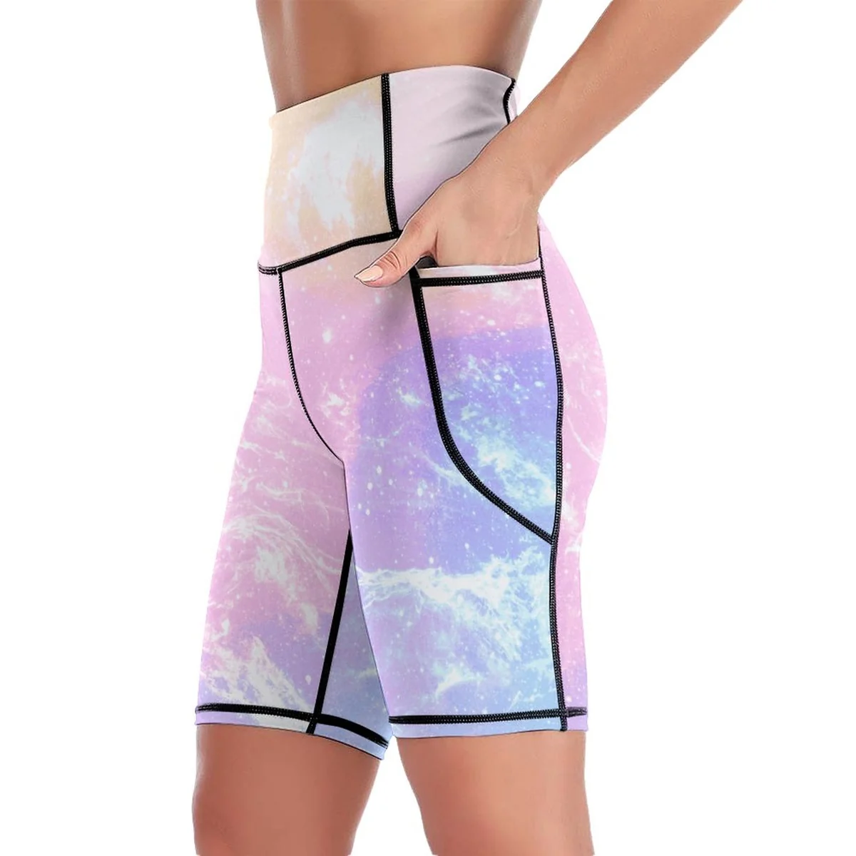 Women's High-Waist Bike Shorts with Pockets - Pastel Galaxy Print - view 4