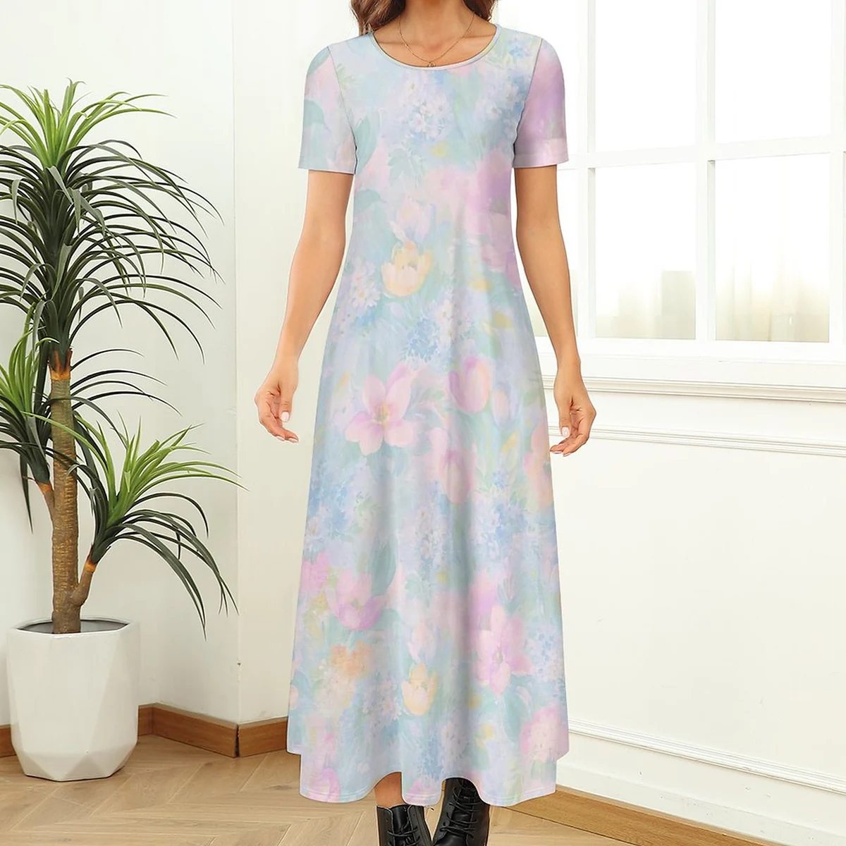 Women's Crew Neck Short Sleeve Maxi T-Shirt Dress - Pastel Watercolor Floral Print - view 2