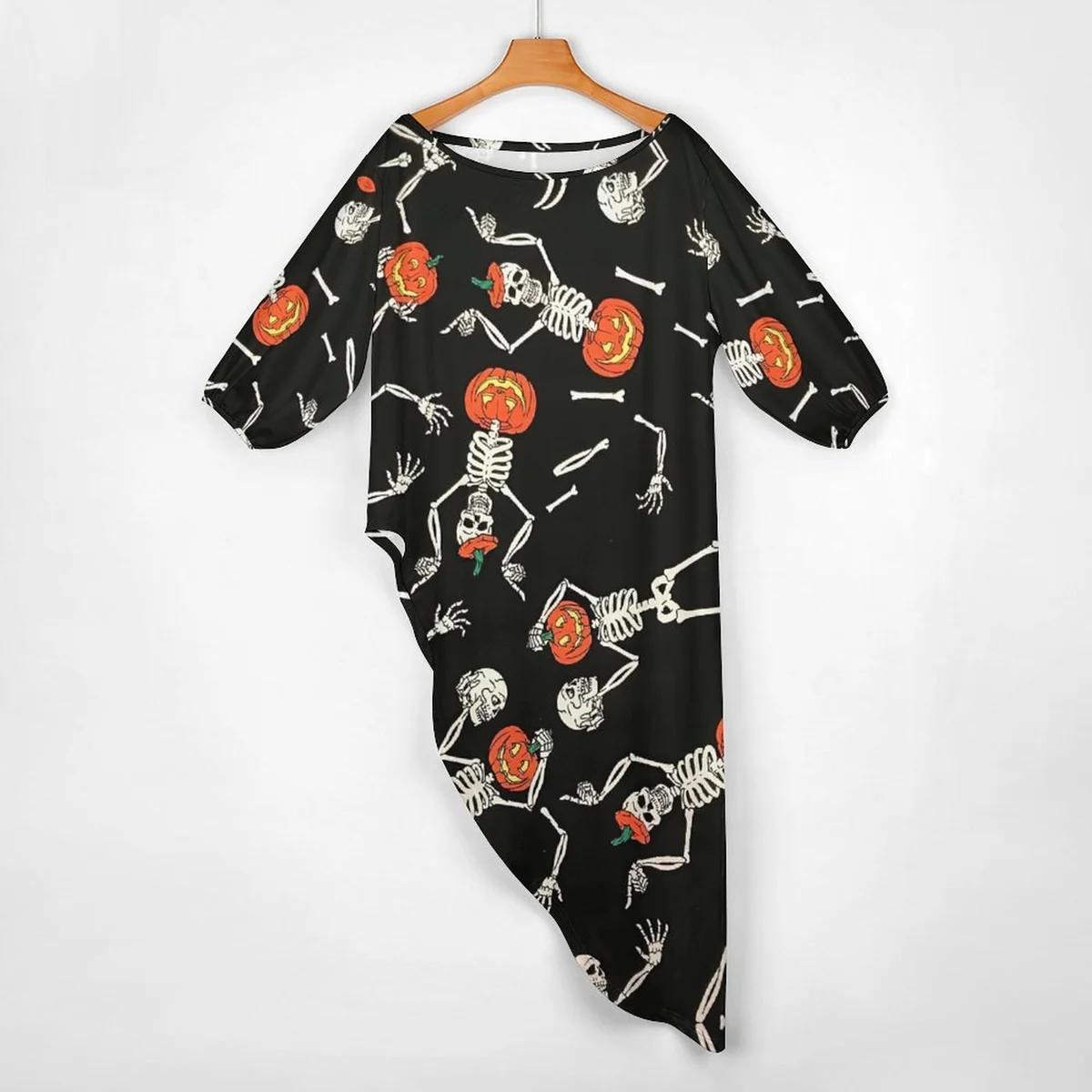 Women's Off-Shoulder Top and Pants Lounge Set - Dancing Skeleton Pumpkin Print - view 3