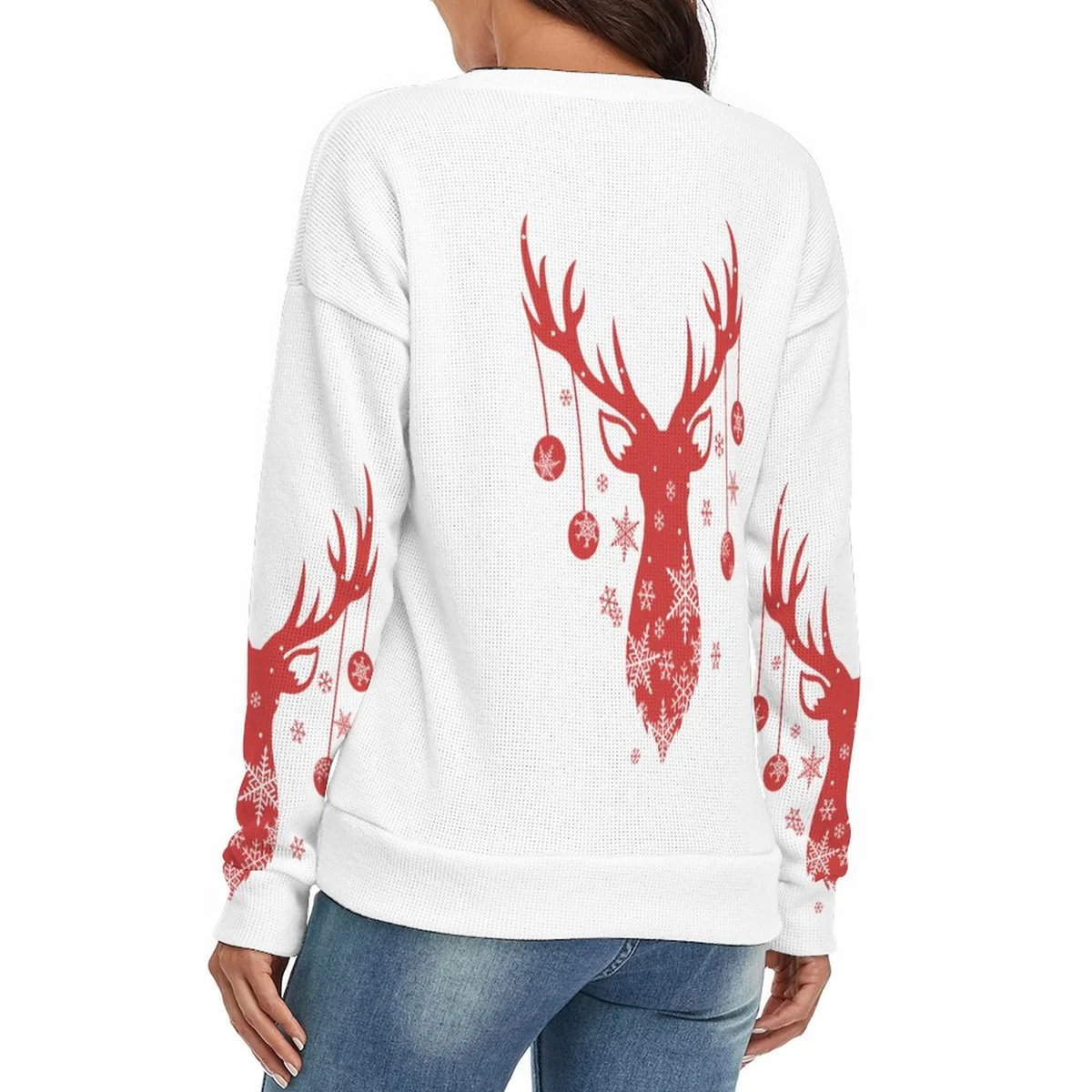 Women's V-Neck Pullover Sweater - Ornament Reindeer Print - view 4