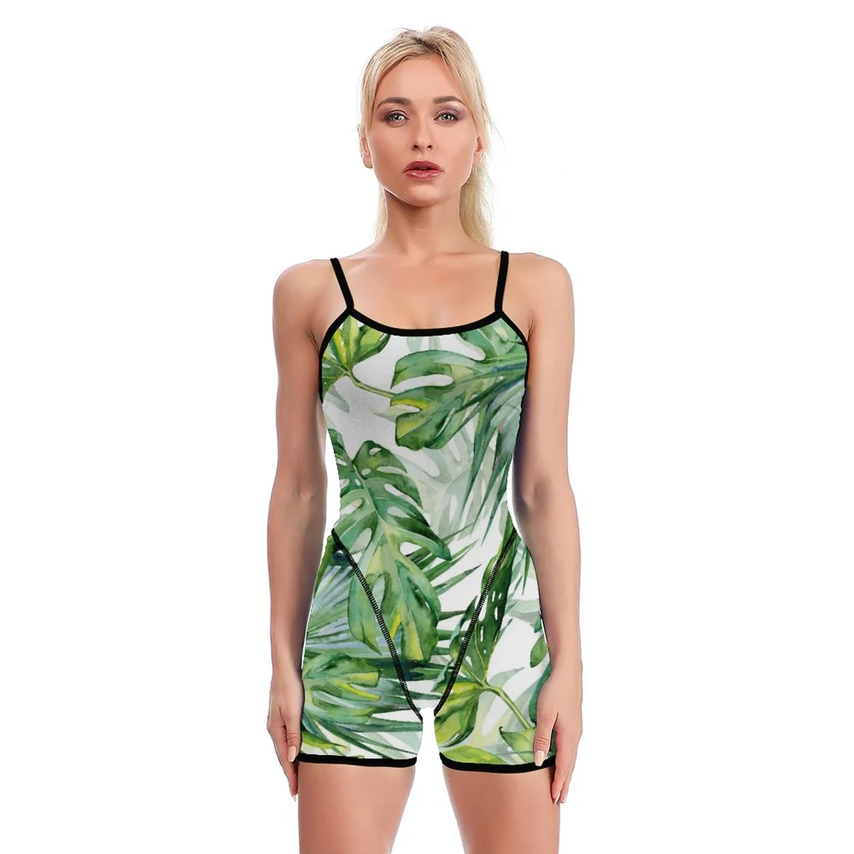 Women's Scoop-Neck Yoga Romper - Monstera Leaf Print