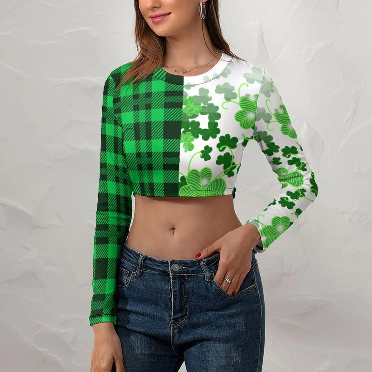 Women's Long Sleeve Crew Neck Crop Top - Buffalo Plaid Shamrock Print - view 7