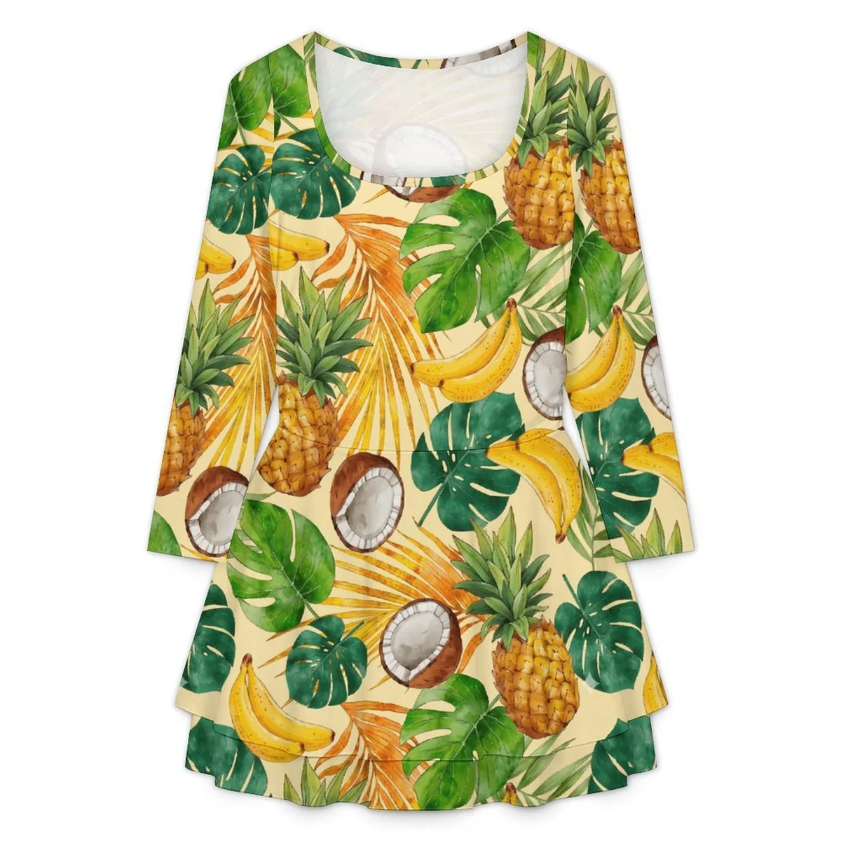 Women's Square-Neck Flare Long Sleeve Mini Dress - Tropical Fruit Leaf Print - view 3