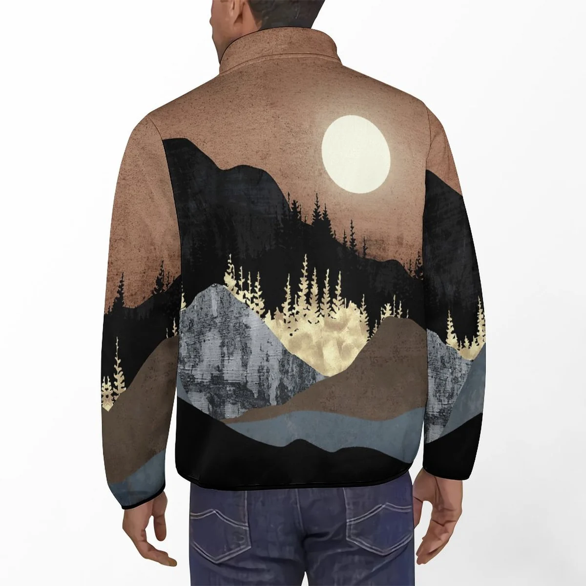 Unisex Henley Collar Sweatshirt - Moonlit Mountain Print - view 3