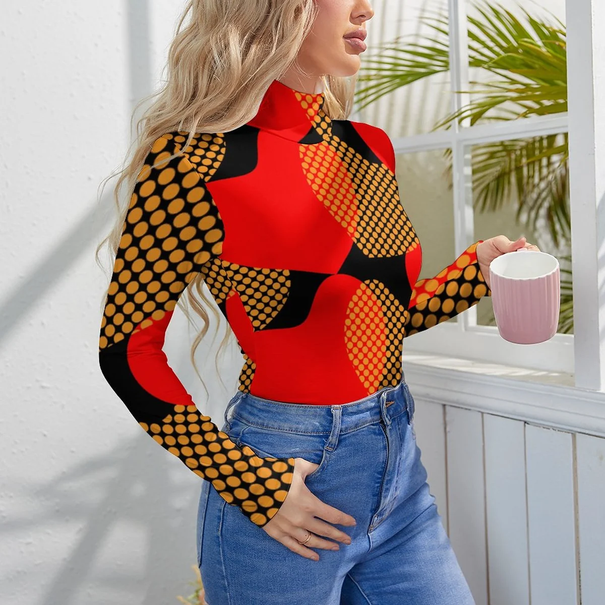 Women's Mock Neck Long Sleeve Bodysuit - Retro Dot Grid Colorblock Graphic - view 3