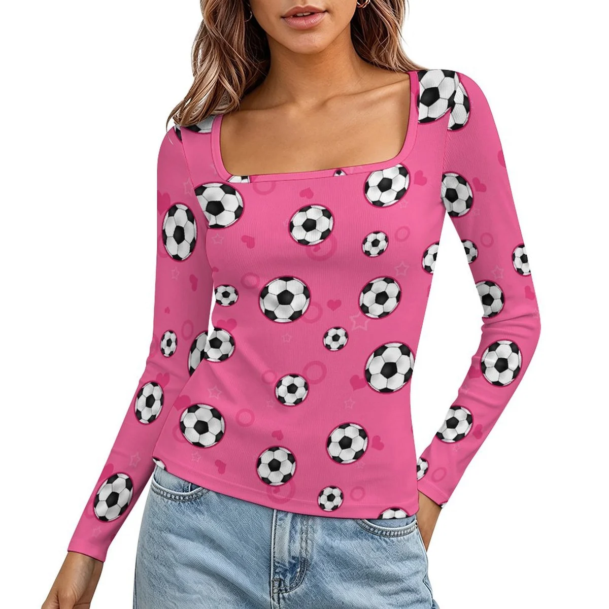 Women's Square-Neck Ribbed Long Sleeve Top - Soccer Ball Print