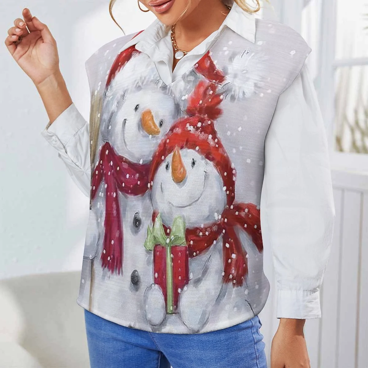 Women's Oversized Sweater Vest - Snowman Friends Print - view 3