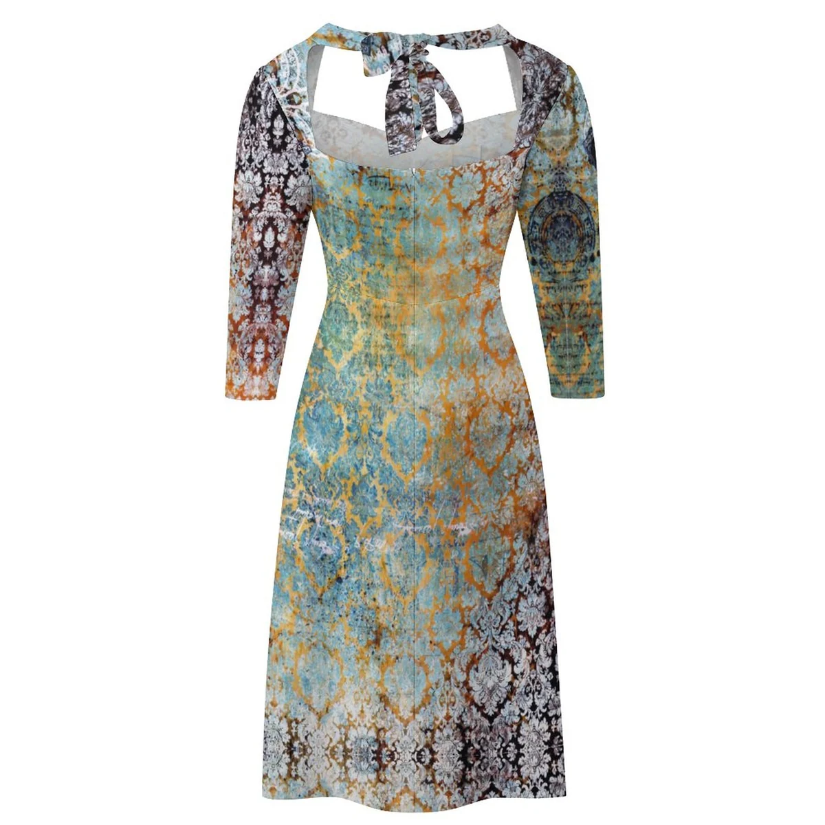 Women's Sweetheart Tie-Back Flare Sleeve Dress - Weathered Damask Print - view 7