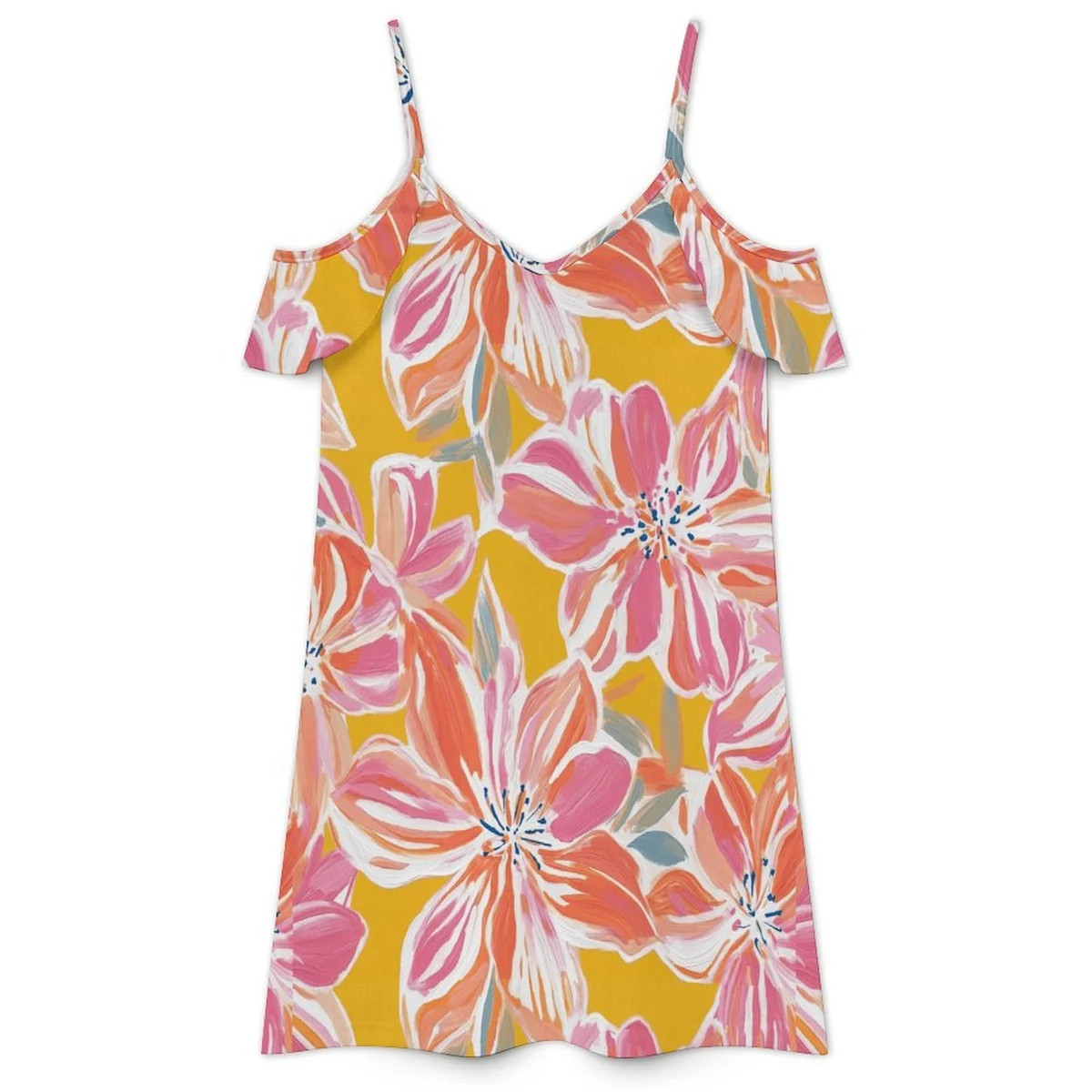 Women's Cold Shoulder Ruffle Mini Dress - Tropical Lily Print - view 3