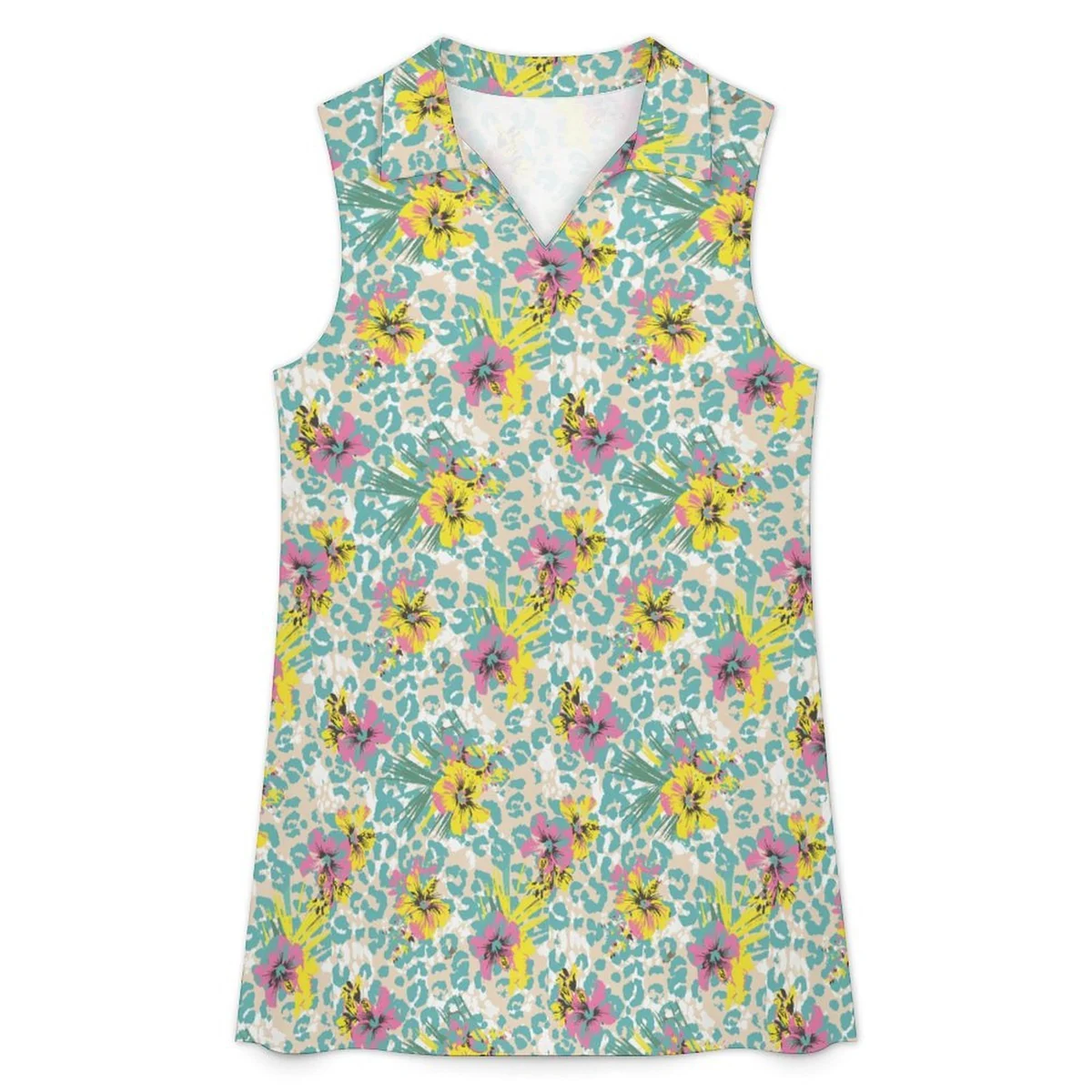 Women's Collared V-Neck Sleeveless Shift Dress - Sunny Blossom Print - view 3