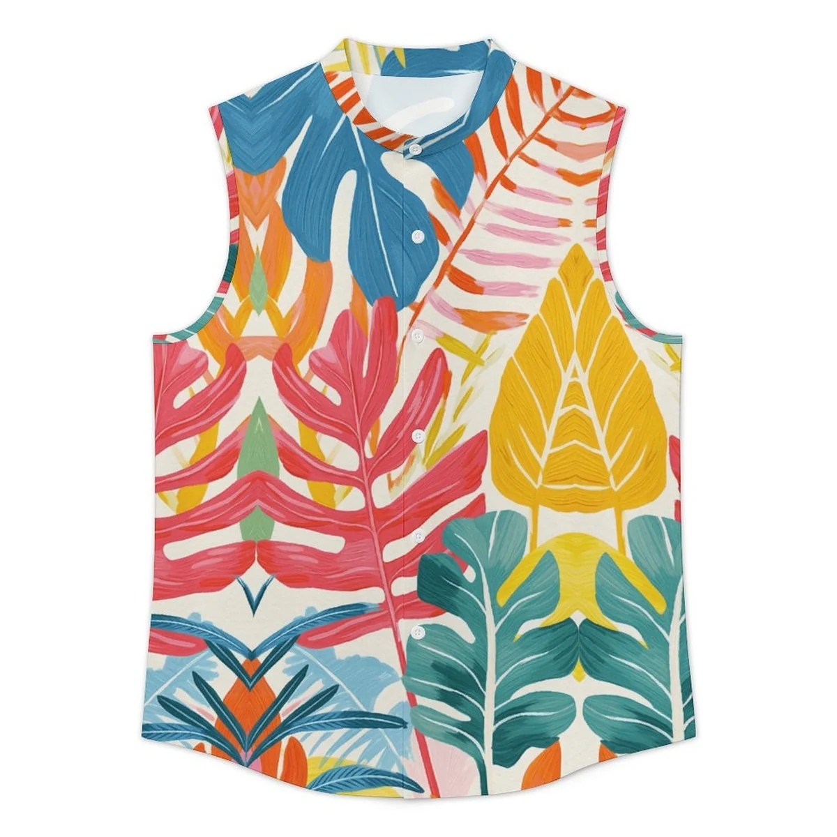 Men's Sleeveless Button-Up Shirt - Bold Tropical Leaf Print - view 3