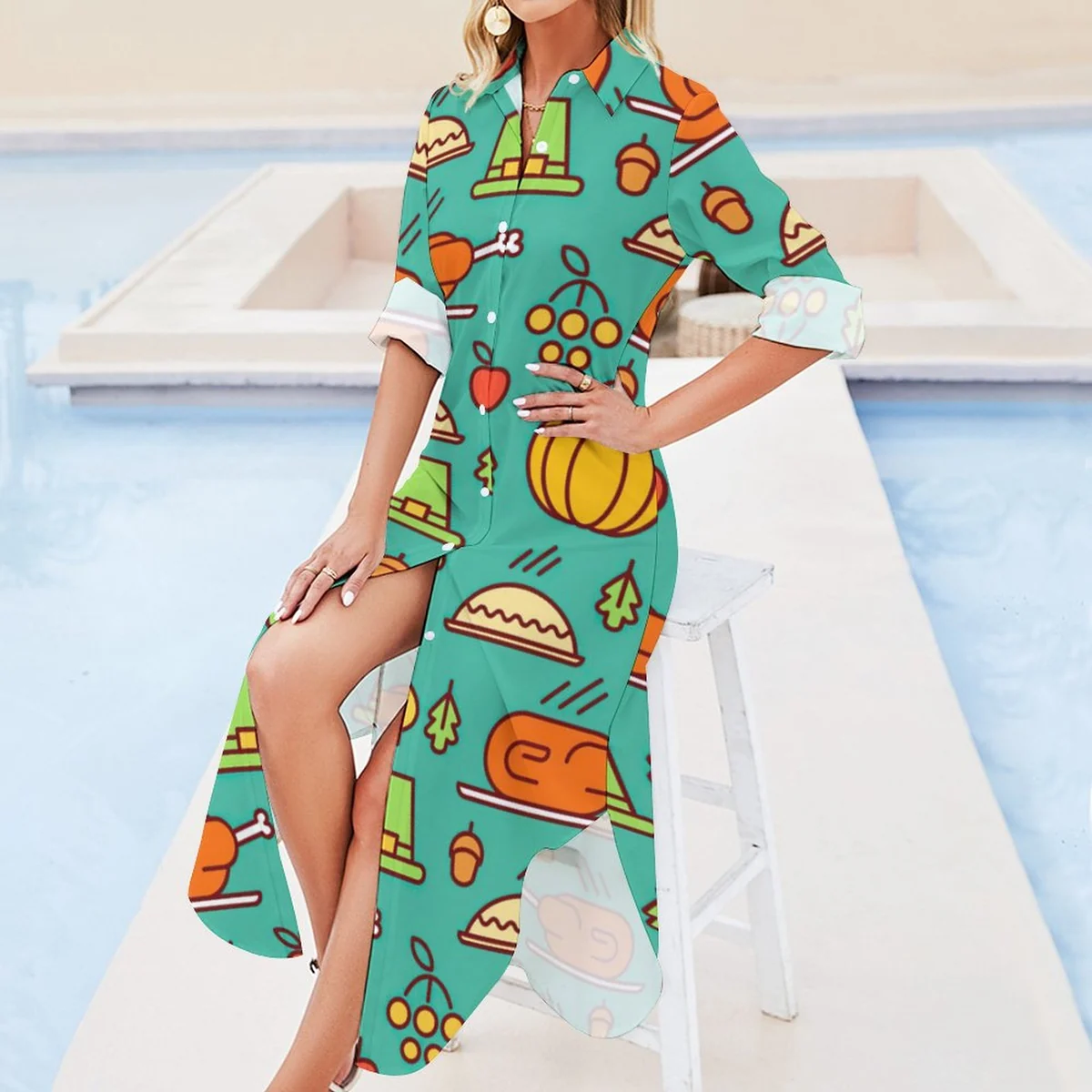 Women's Button-Down Long Sleeve Shirt Midi Dress - Thanksgiving Harvest Print - view 4