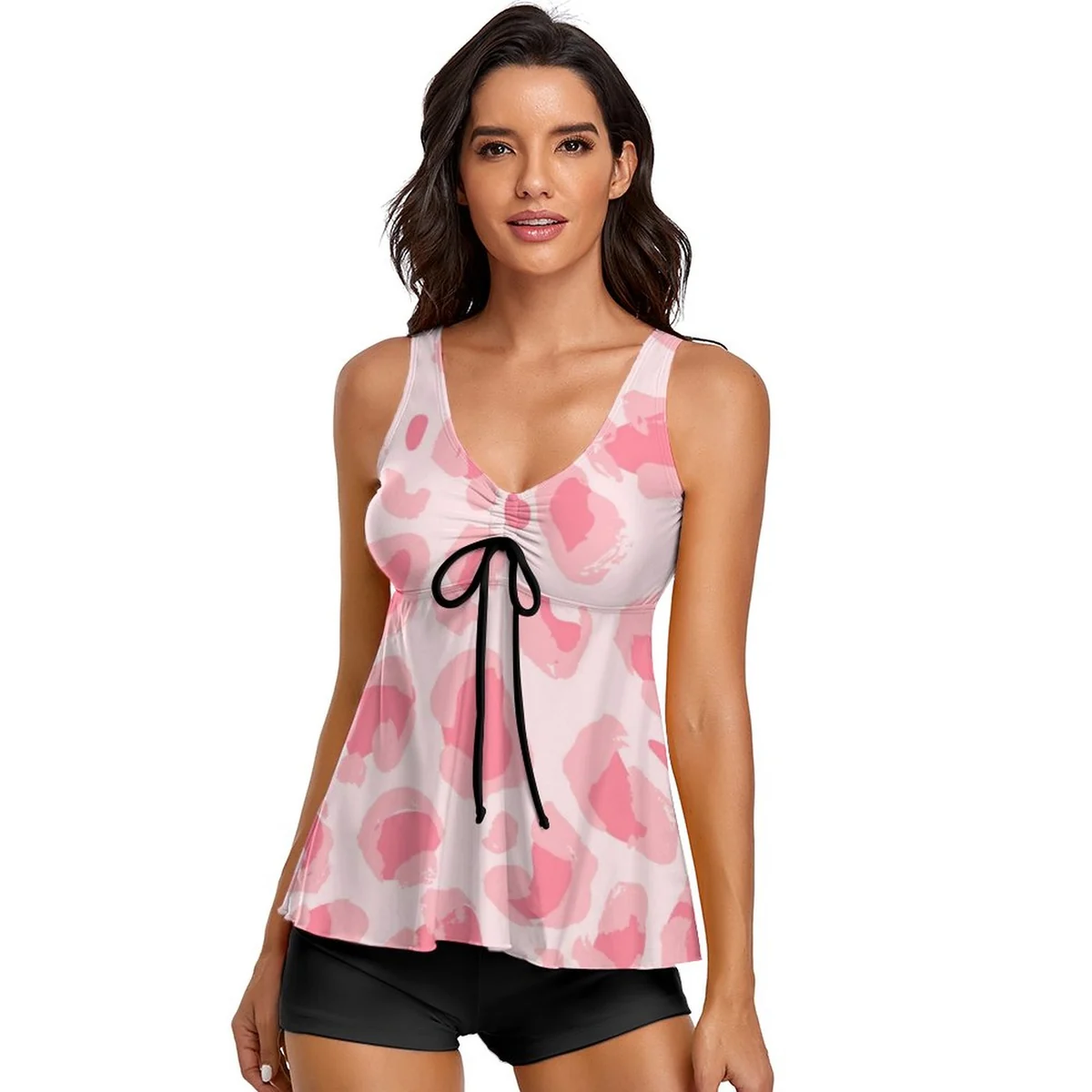 Women's Tie-Front Flowy Tankini Set - Pink Leopard Spots Print