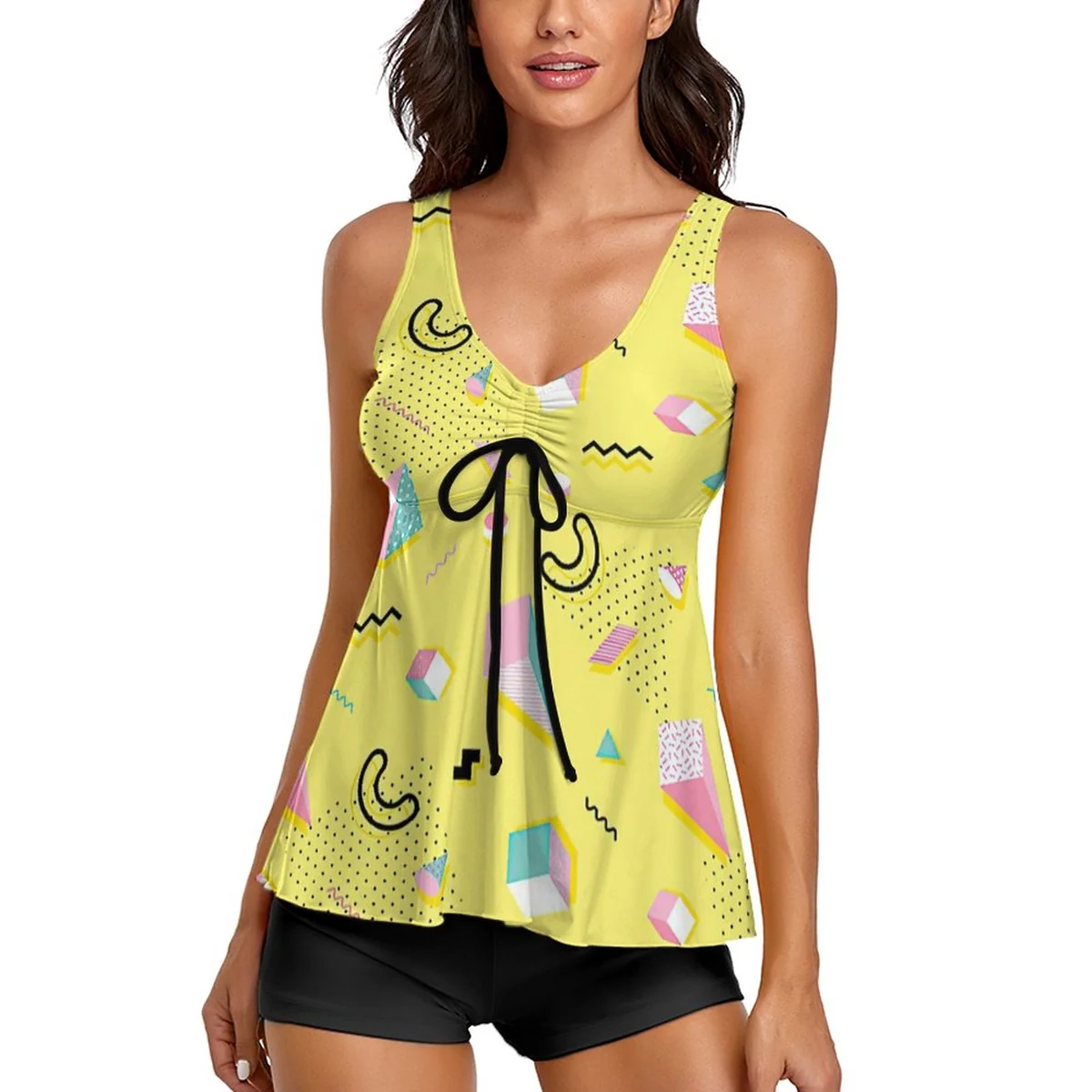 Women's Tie-Front Flowy Tankini Set - Retro Doodle Print