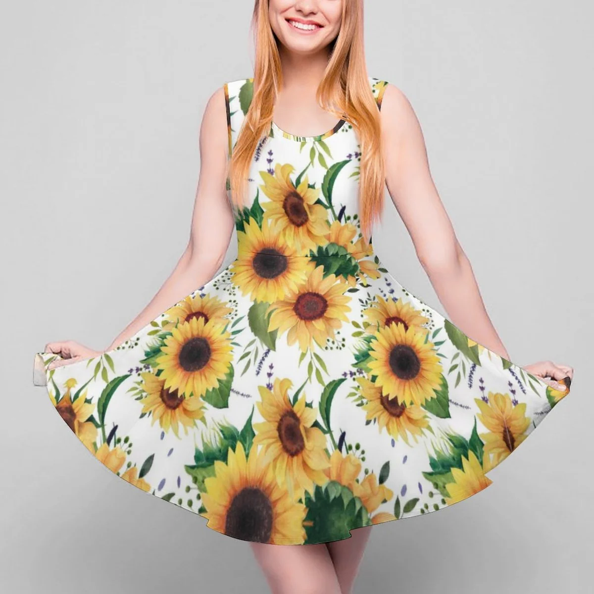 Women's Sleeveless Scoop-Neck Skater Dress - Sunflower Print - view 5