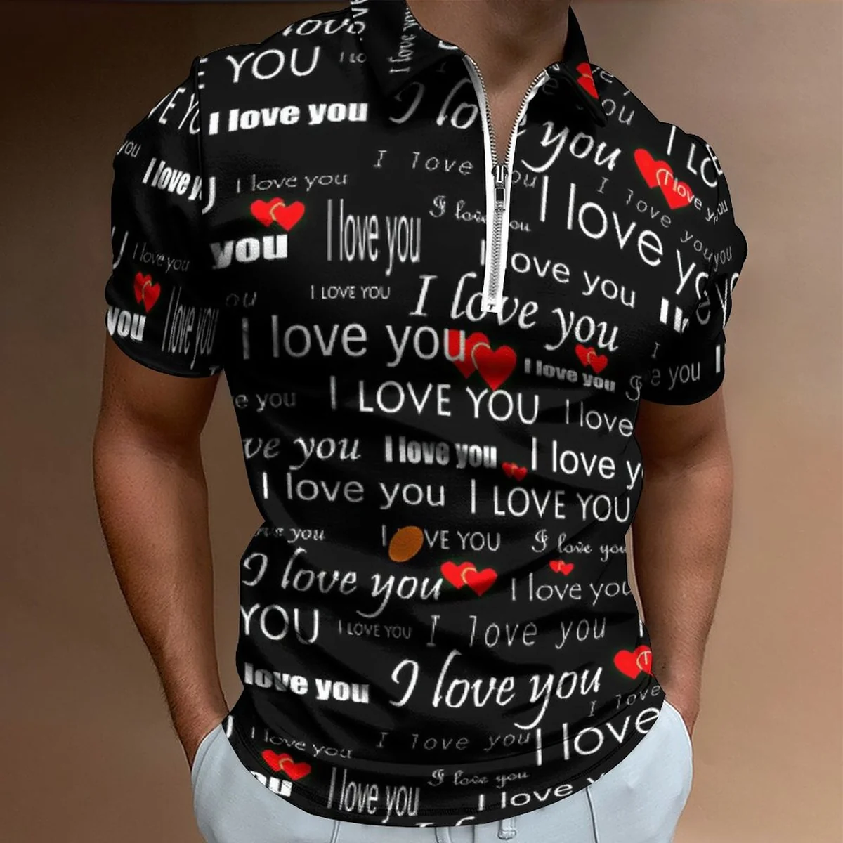 Unisex Quarter Zip Short Sleeve Polo Shirt - I Love You Script Graphic - view 2
