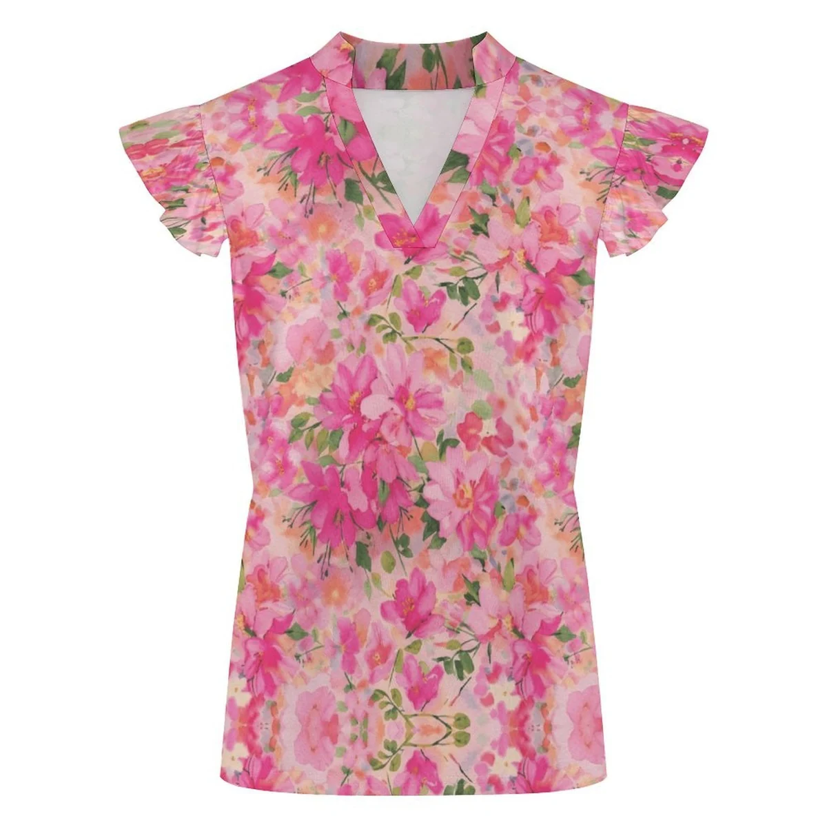 Women's Flutter Sleeve V-Neck Blouse - Pink Floral Cluster Print - view 4