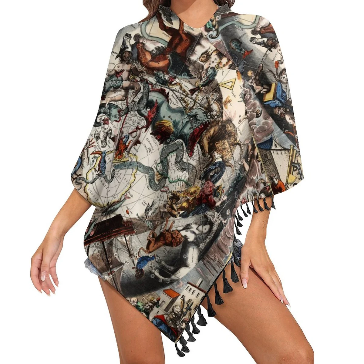 Women's Fringe Trim Knit Poncho - Vintage Storybook Illustration Print