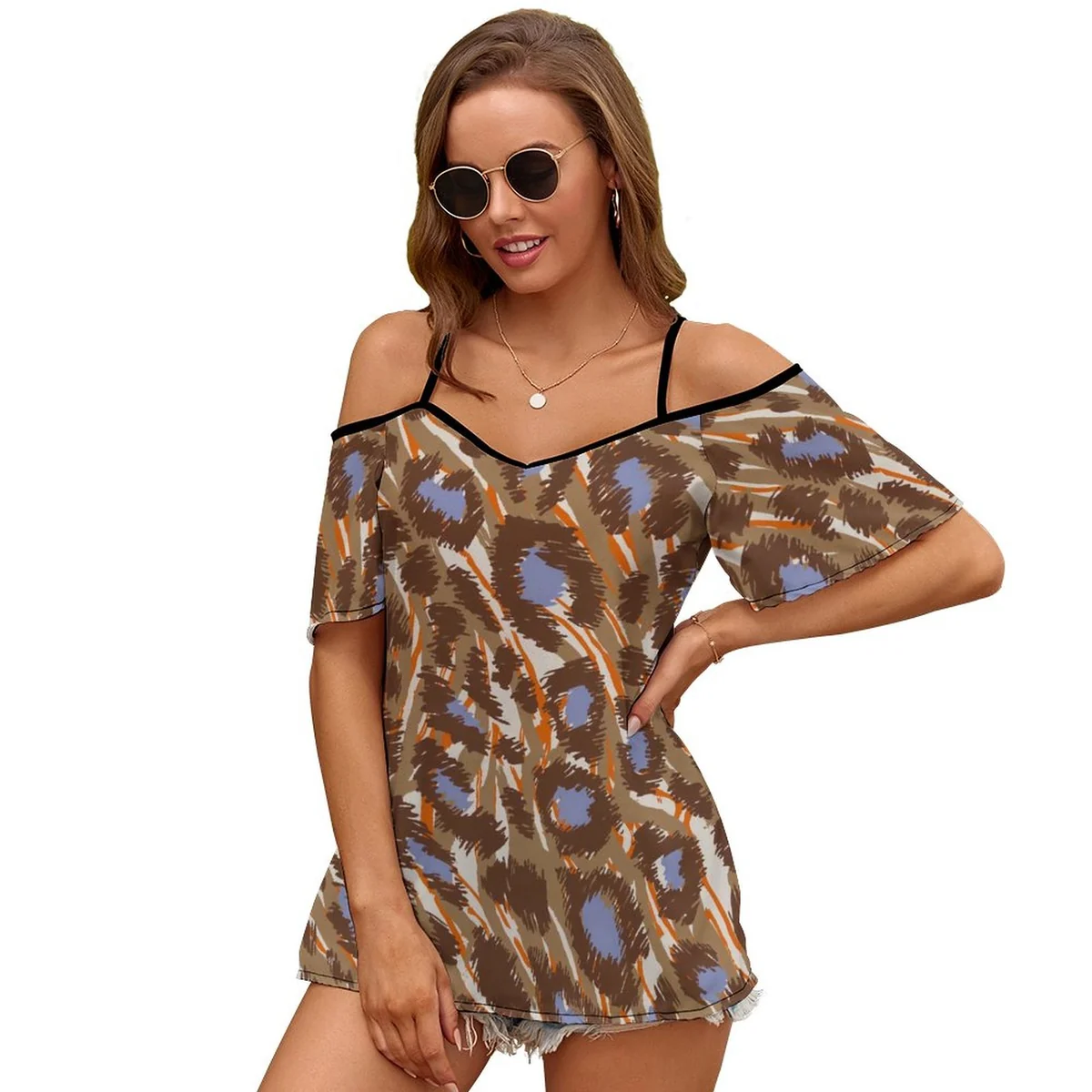 Women's Cold Shoulder Strappy Tunic Top - Blue Leopard Print
