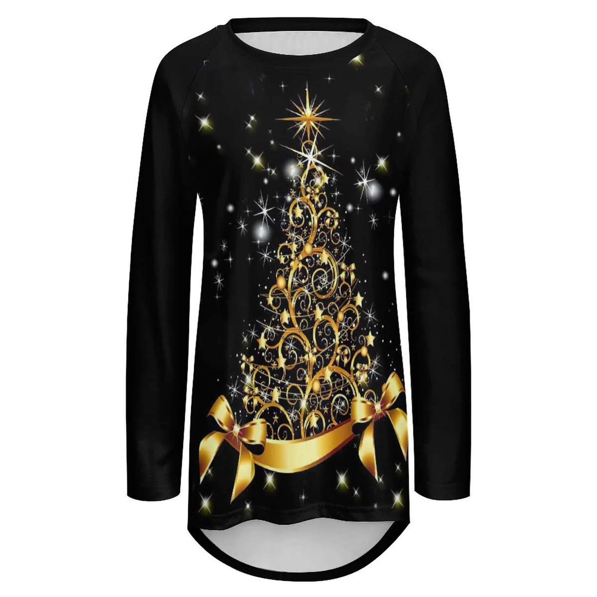 Women's Longline Crew Neck Long Sleeve Tunic Tee - Golden Christmas Tree Print - view 5