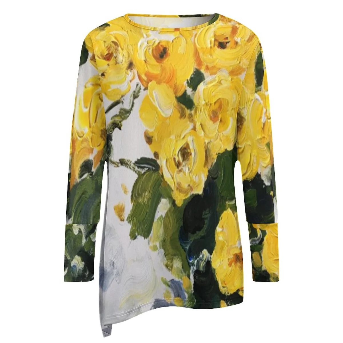 Women's Asymmetric Hem Long Sleeve Tunic - Oil Painted Yellow Rose Graphic - view 8