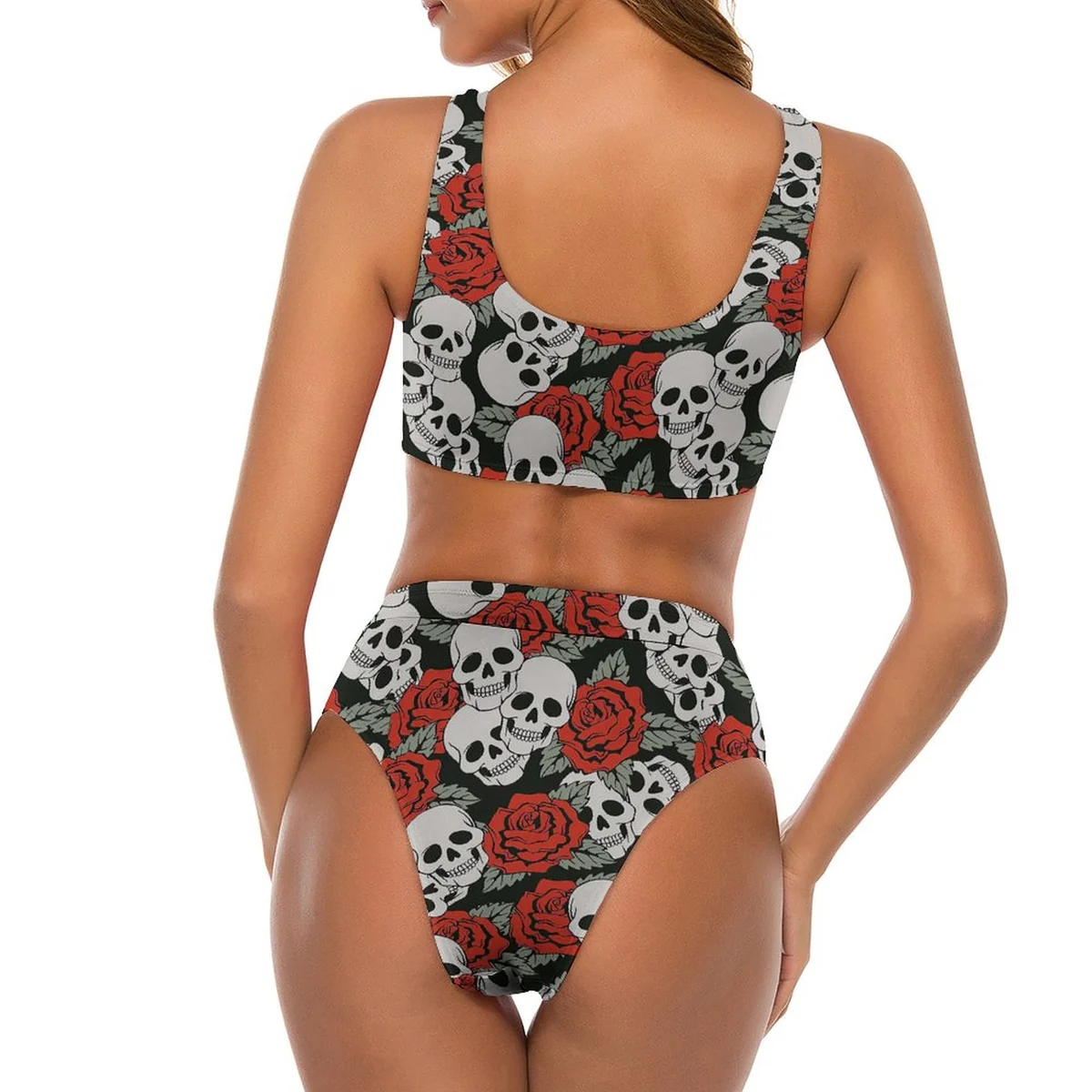 Women's Knot-Front High-Waist Bikini Set - Skulls and Roses Print - view 5