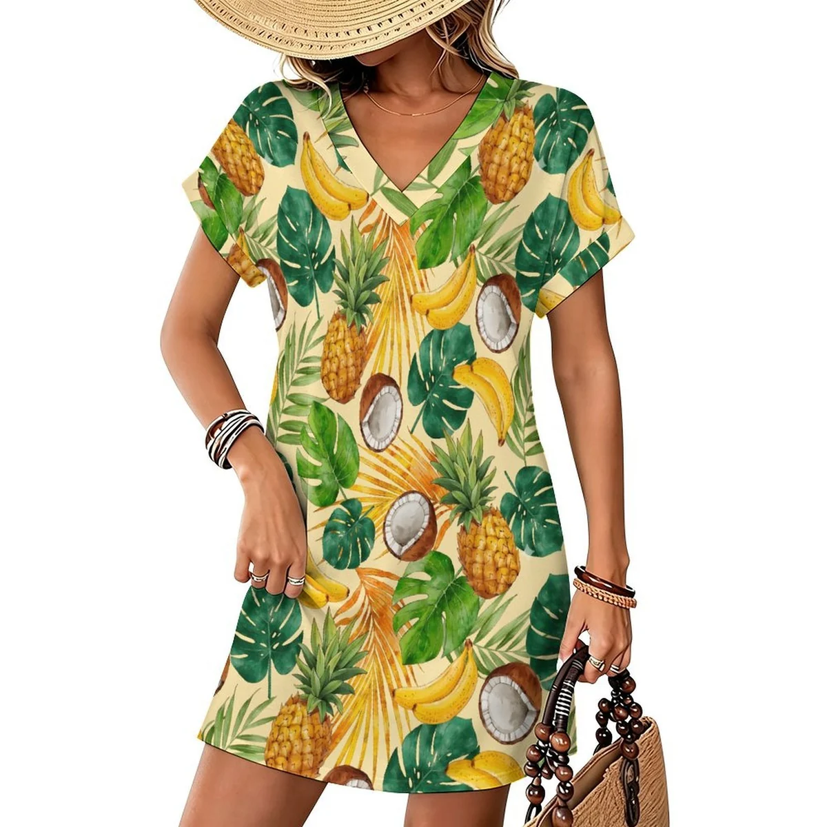 Women's V-Neck Rolled Cuff T-Shirt Dress - Pineapple Banana Coconut Print - view 6