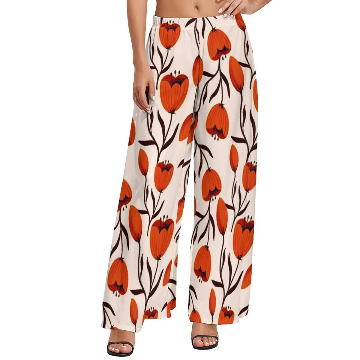 Women's High-Waist Wide Leg Palazzo Pants - Graphic Red Tulip Print