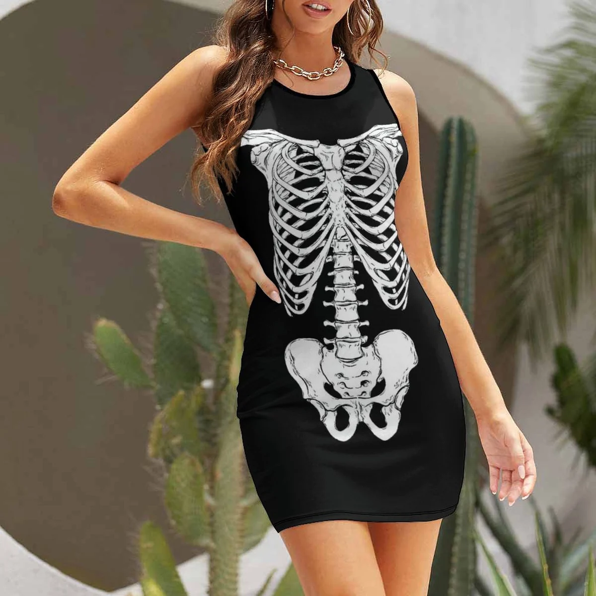 Women's Sleeveless Bodycon Tank Mini Dress - Skeleton X-Ray Print - view 6