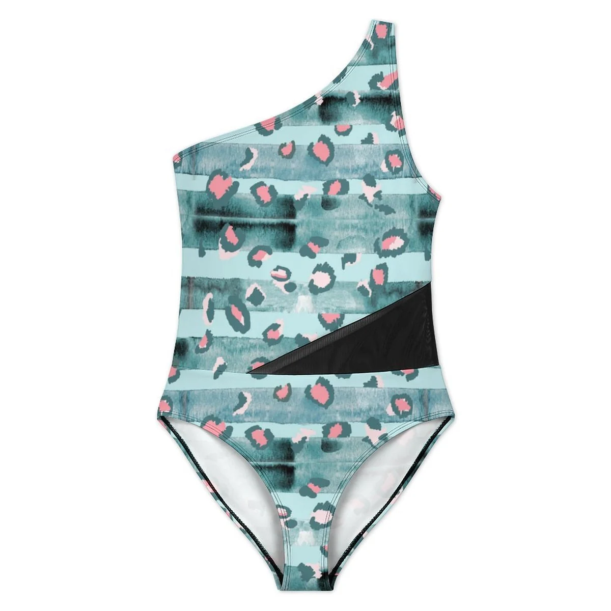Women's One-Shoulder Mesh Panel One-Piece Swimsuit - Aqua Leopard Print - view 4