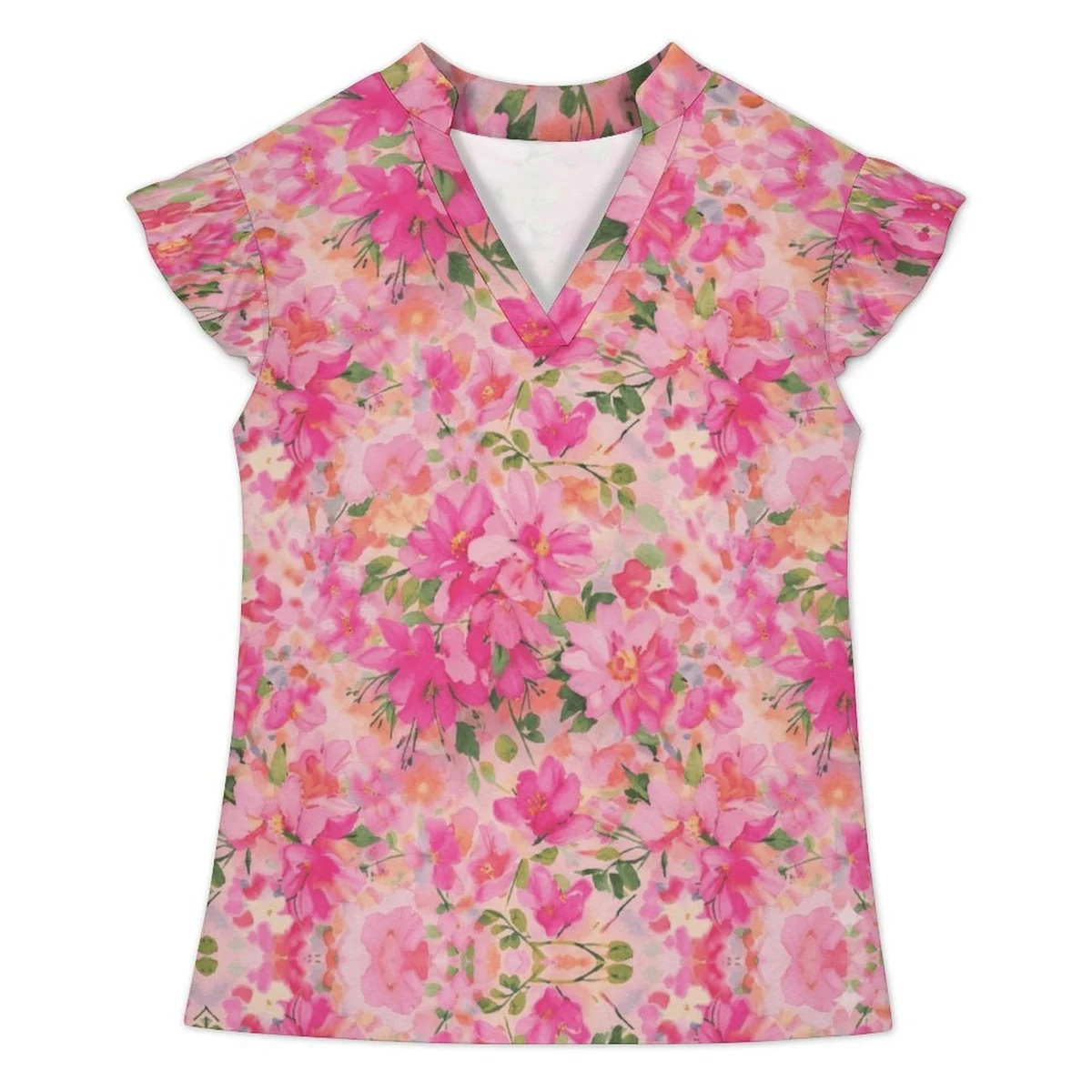 Women's Flutter Sleeve V-Neck Blouse - Pink Floral Cluster Print - view 3