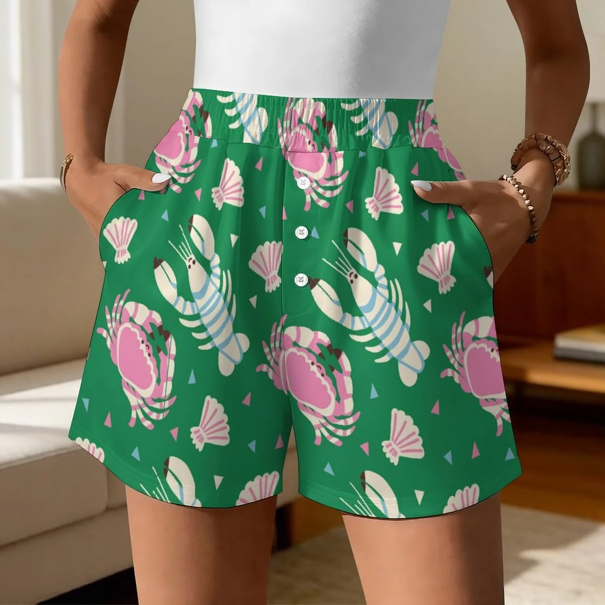 Women's Elastic Waist Lounge Shorts with Pockets - Crab and Seashell Print - view 2