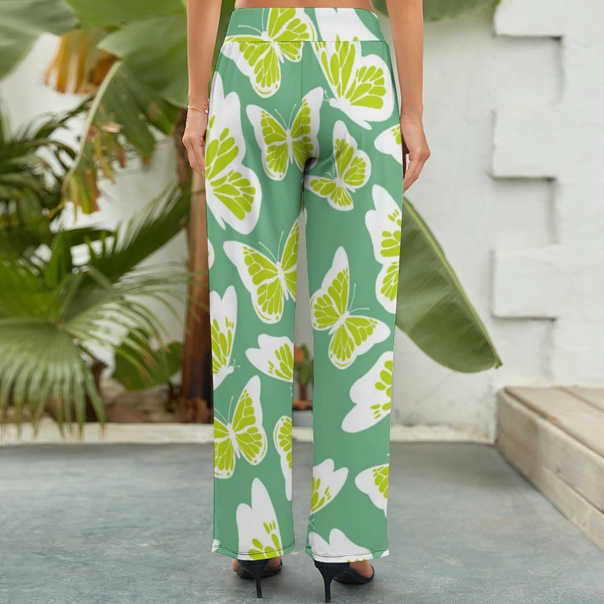 Women's Drawstring Wide Leg Pants - Lime Butterfly Print - view 5