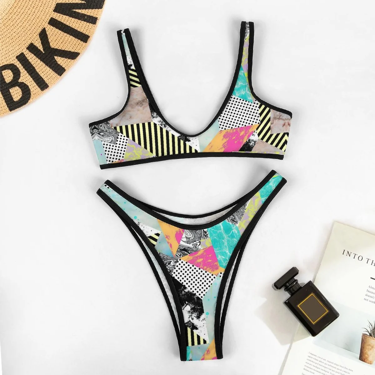 Women's Contrast Trim Sporty Bikini Set - Pop Art Collage Print - view 3
