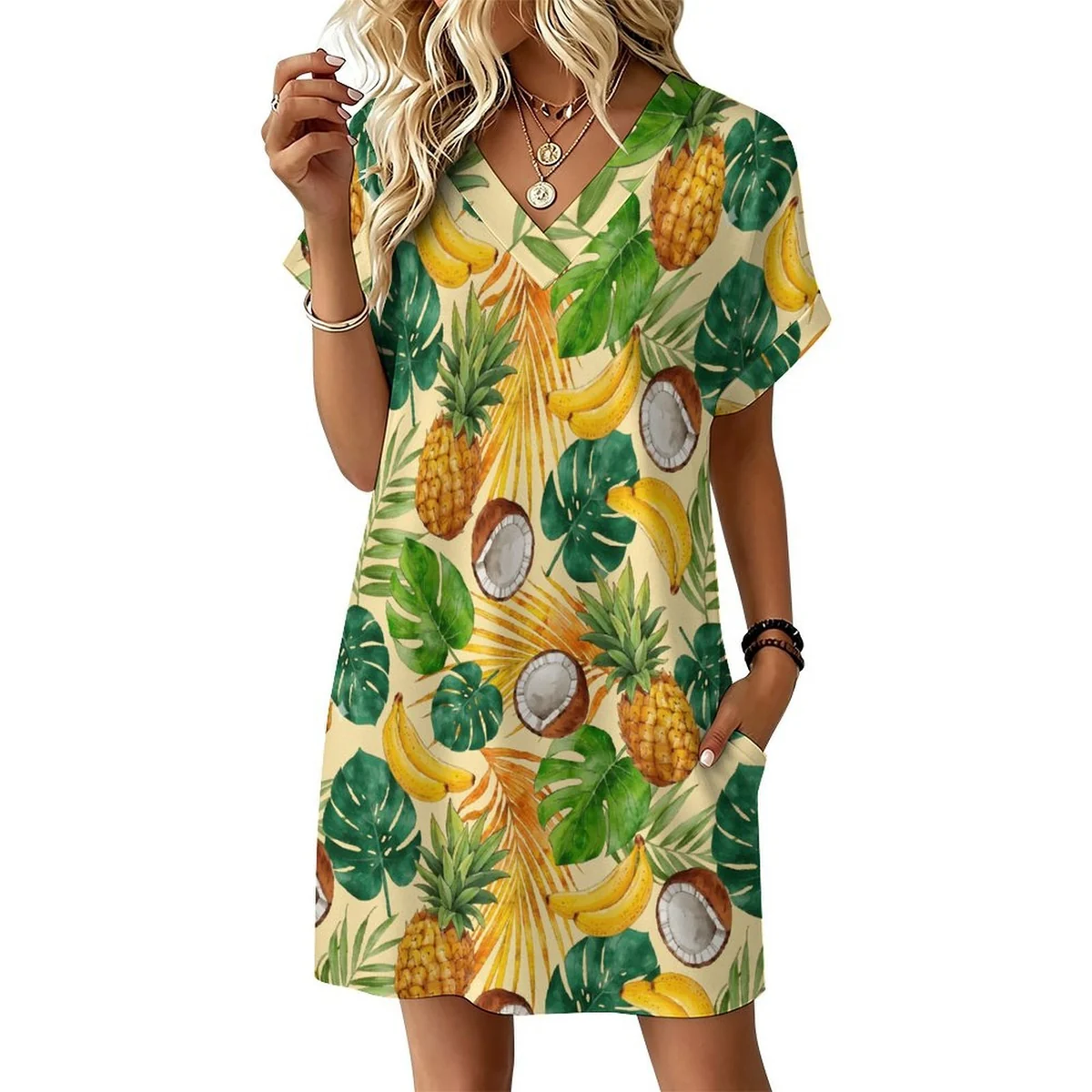 Women's V-Neck Rolled Cuff T-Shirt Dress - Pineapple Banana Coconut Print