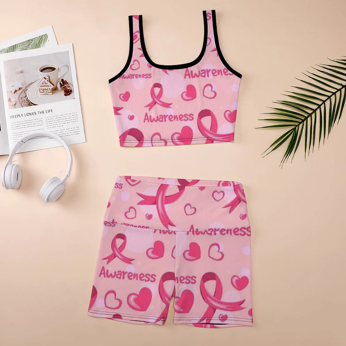 Women's Ribbed Tank and Bike Shorts Set - Pink Ribbon Awareness Print - view 5