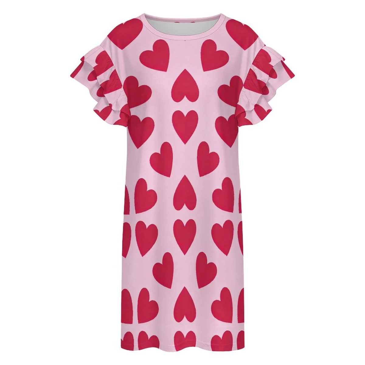 Women's Double Ruffle Sleeve Shift Dress - Big Red Hearts Print - view 4