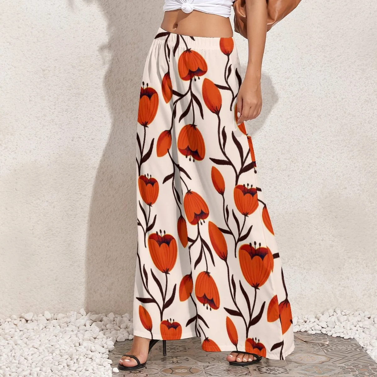 Women's High-Waist Wide Leg Palazzo Pants - Graphic Red Tulip Print - view 3