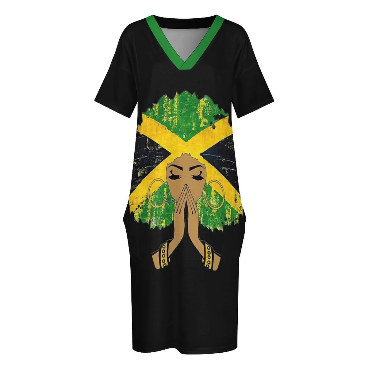 Women's V-Neck Pocket T-Shirt Dress - Jamaica Pride Silhouette Print - view 4