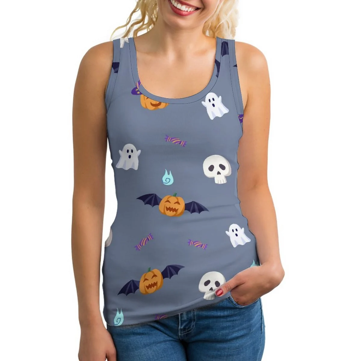 Women's Scoop-Neck Athletic Tank Top - Spooky Ghost and Pumpkin Graphic