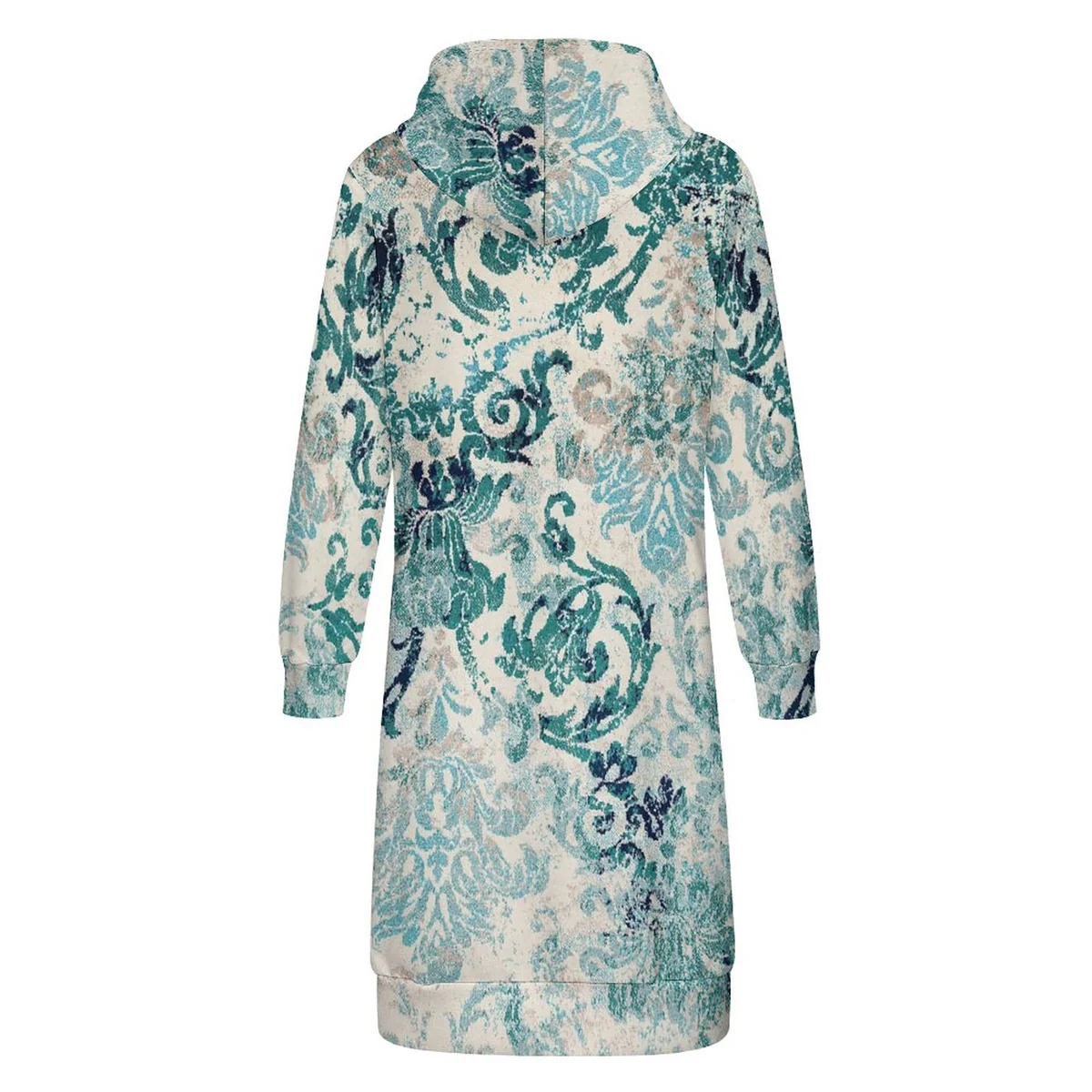 Women's Longline Full Zip Hooded Coat - Teal Baroque Damask Print - view 5