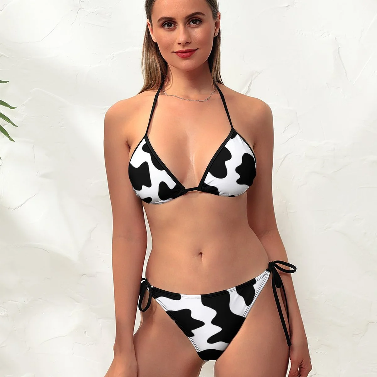 Women's Contrast Trim Triangle Bikini Set - Black Cow Spots Print - view 7
