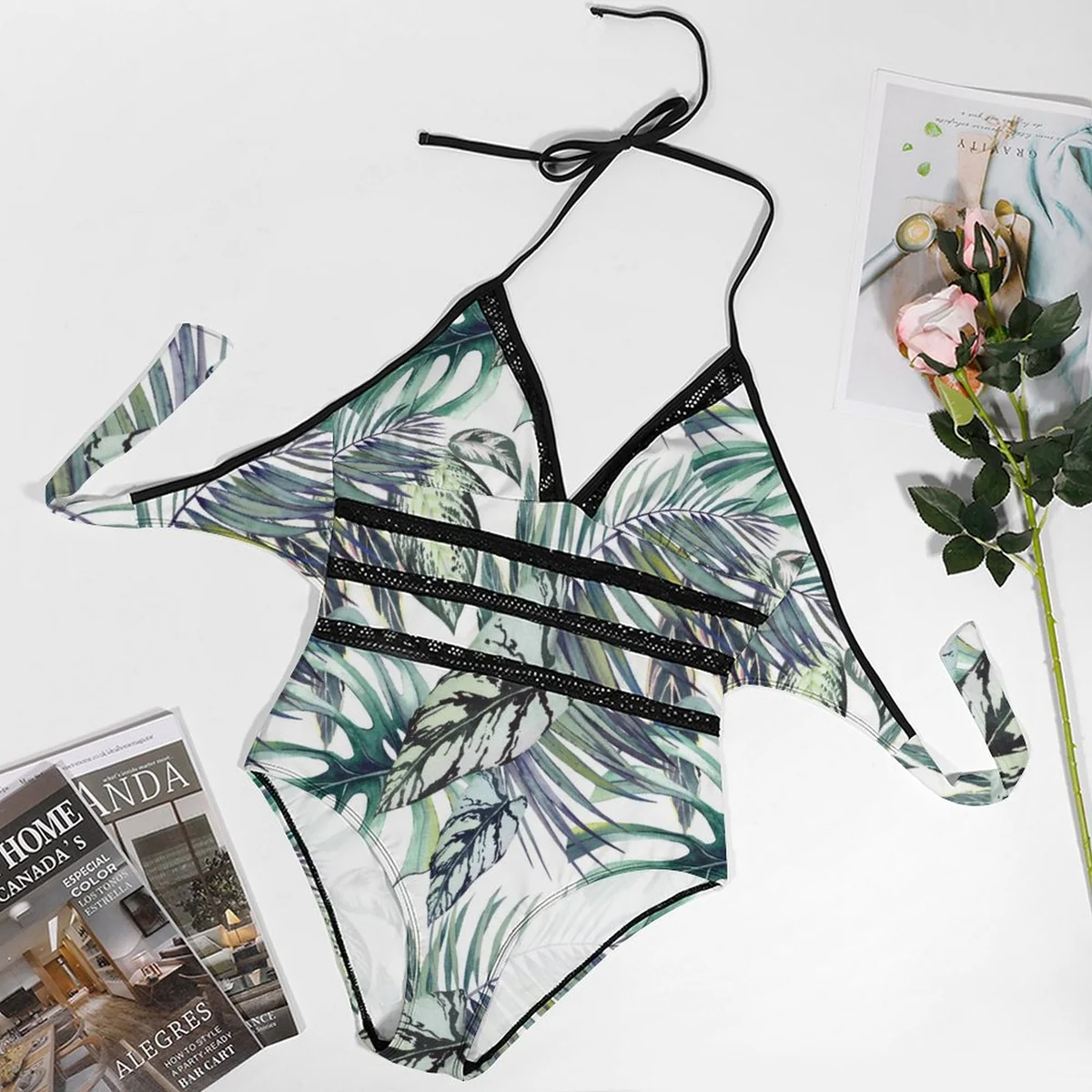 Women's Plunge Strappy One-Piece Swimsuit - Palm Leaf Print - view 6