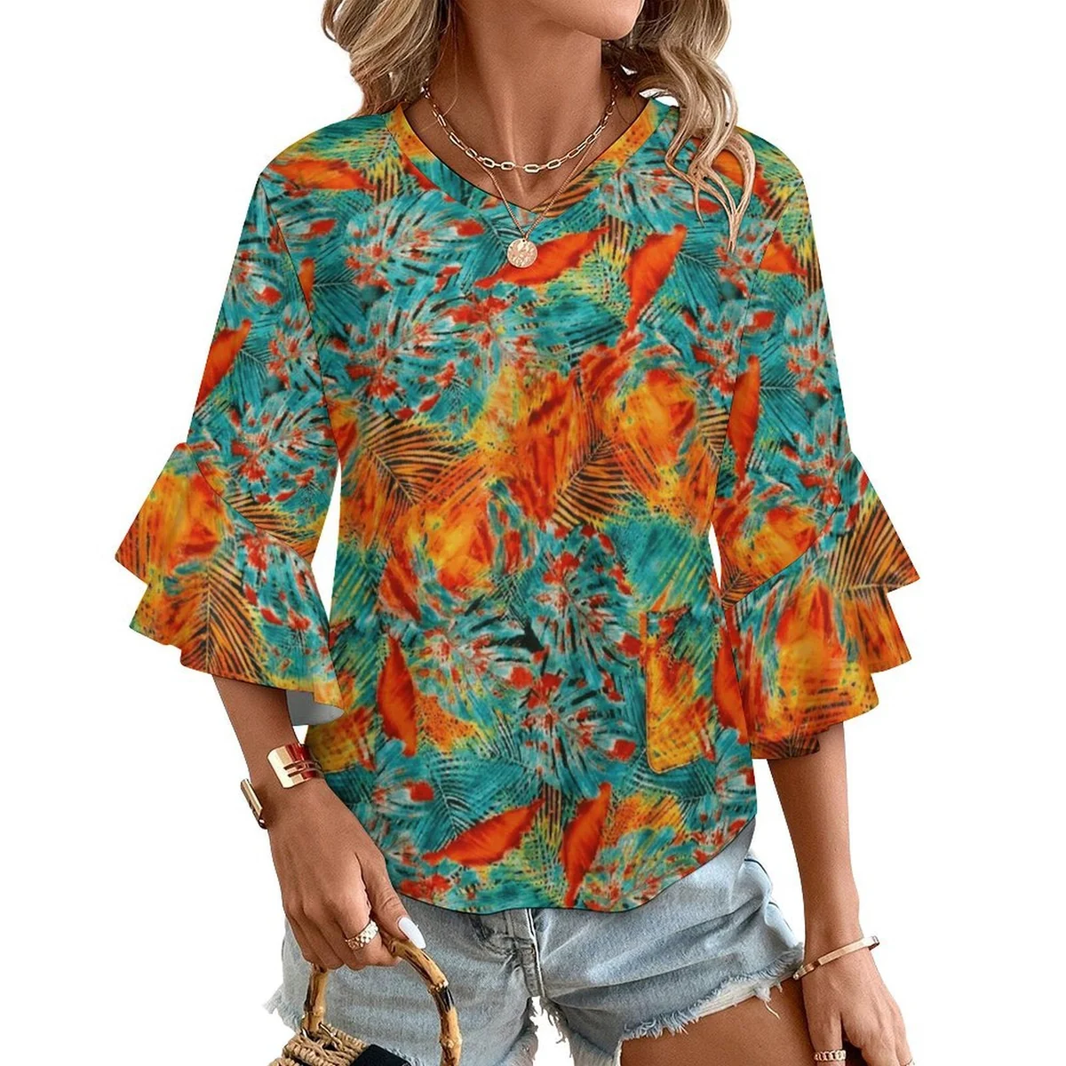 Women's V-Neck Bell Sleeve Blouse - Sunset Palm Frond Print
