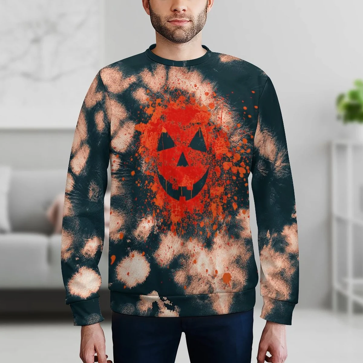 Unisex Crew Neck Sweatshirt - Bleached Jack-O-Lantern Print - view 8