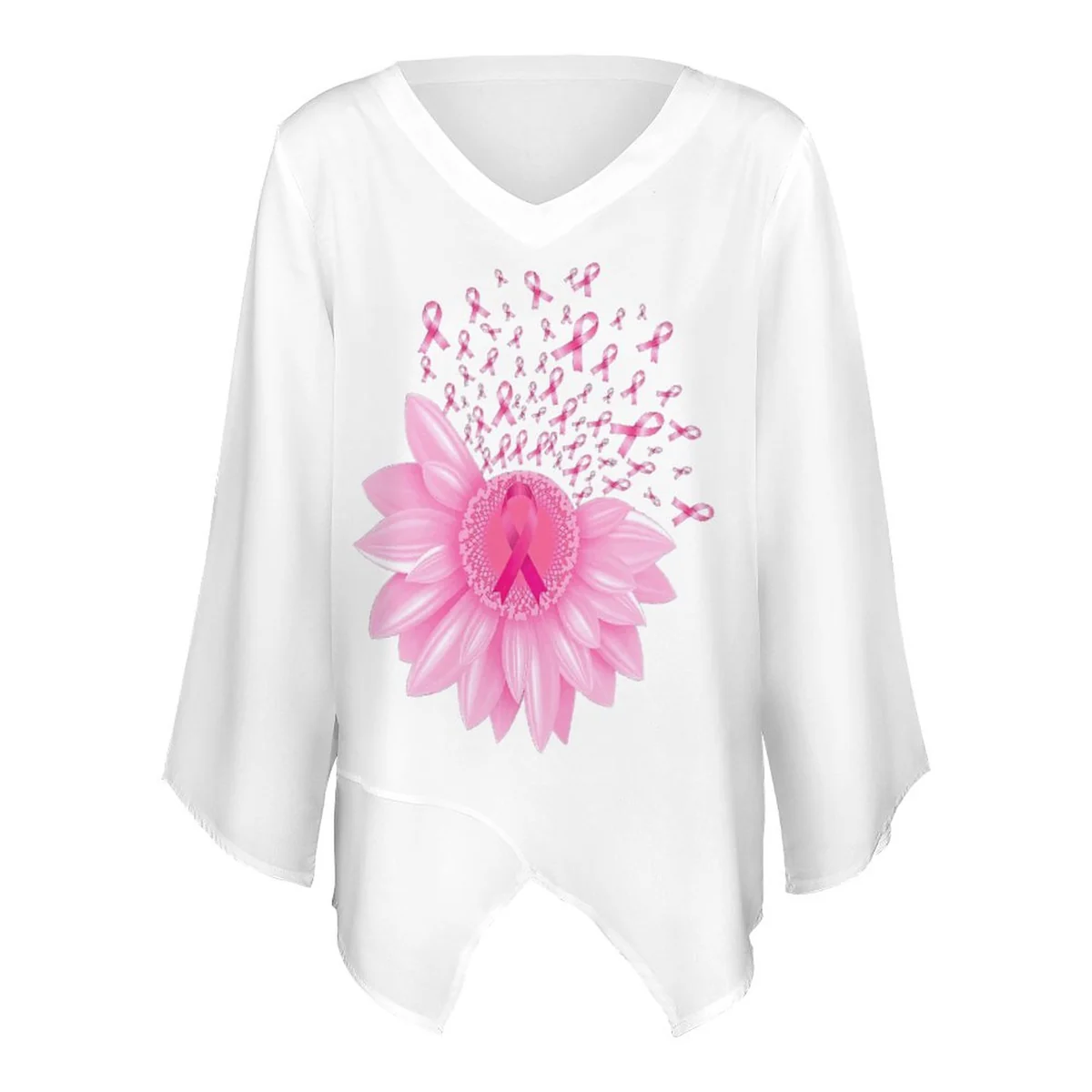 Women's V-Neck Chiffon Bell Sleeve Tunic - Pink Ribbon Daisy Print - view 4
