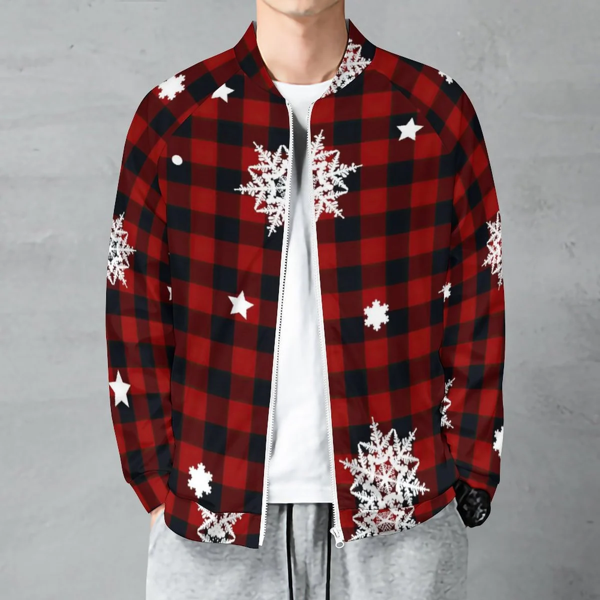 Unisex Raglan Zip Up Jacket - Buffalo Plaid Snowflake Print - view 2